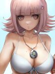  1girl alternate_neckwear bangs bare_arms bare_shoulders bikini bikini_top blunt_bangs breasts brown_eyes closed_mouth collarbone commentary dangan_ronpa_(series) dangan_ronpa_2:_goodbye_despair dangan_ronpa_s:_ultimate_summer_camp eyebrows_visible_through_hair flipped_hair front-tie_bikini front-tie_top frown gradient gradient_background hair_ornament jewelry large_breasts light_brown_hair looking_at_viewer mole mole_on_breast nanami_chiaki necklace pink_eyes qosic simple_background solo spaceship_hair_ornament swimsuit upper_body white_bikini 