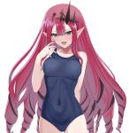  1girl absurdres ass_visible_through_thighs bangs bare_shoulders blue_swimsuit blush breasts circlet collarbone covered_navel drill_hair fate/grand_order fate_(series) grey_eyes highres higofushi long_hair looking_at_viewer medium_breasts one-piece_swimsuit open_mouth pink_hair pointy_ears sidelocks smile solo swimsuit thighs tristan_(fairy_knight)_(fate) 