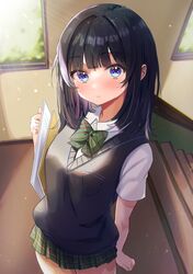  1girl amefukura_art bangs black_hair eyebrows_visible_through_hair moth ribbon seifuku short_sleeves skirt sweater thighs 