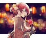  1girl alternate_costume black_gloves black_kimono blurry blurry_background blush bokeh breasts candy_apple commentary depth_of_field eyebrows_visible_through_hair fang festival flower food gloves hair_bun hair_flower hair_ornament hair_stick heterochromia highres hololive houshou_marine japanese_clothes kimono looking_at_viewer medium_breasts obi open_mouth red_eyes red_kimono redhead sash short_hair shuri_(84k) sidelocks skin_fang smile solo tied_hair twitter_username two-tone_kimono upper_body virtual_youtuber yellow_eyes yukata 