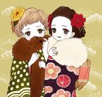  2girls black_eyes blush brown_hair covering_mouth floral_print flower hair_flower hair_ornament hands_up japanese_clothes kimono long_sleeves looking_at_viewer multiple_girls mush_machou original parted_lips print_kimono red_flower short_hair smile upper_body wide_sleeves yellow_flower 