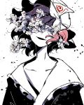  1girl branch cherry_blossoms covered_eyes flower greyscale hat highres japanese_clothes kimono limited_palette mob_cap monochrome open_clothes open_mouth papang petals saigyouji_yuyuko short_hair simple_background smile solo spot_color touhou triangular_headpiece upper_body wavy_hair white_background 