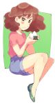  1girl big_hair blue_shorts breasts brown_hair crayon_shin-chan eating food full_body green_footwear highres inkerton-kun looking_at_viewer nohara_misae onigiri pink_shirt shirt short_sleeves shorts solo 