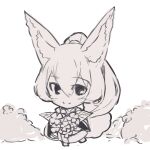  1girl animal_ear_fluff animal_ears bangs barefoot bouquet chibi closed_mouth commentary_request eyebrows_visible_through_hair flower fox_ears fox_girl fox_tail full_body greyscale hair_between_eyes highres holding holding_bouquet japanese_clothes kimono long_hair long_sleeves looking_at_viewer monochrome original ponytail smile solo standing tail tail_raised very_long_hair white_background wide_sleeves yuuji_(yukimimi) 