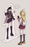  ... 1boy 1girl ahoge akamatsu_kaede backpack bag bangs black_footwear black_gloves black_hair black_jacket blonde_hair blush boots braid brown_eyes brown_footwear cellphone collared_shirt dangan_ronpa_(series) dangan_ronpa_v3:_killing_harmony full_body gloves grey_background hair_between_eyes highres jacket kirigiri_kyouko knee_boots kneehighs long_hair looking_at_another necktie nzeneee phone pleated_skirt purple_skirt saihara_shuuichi shiny shiny_hair shirt shoes skirt smile spoken_ellipsis statue v white_bag 