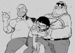  3boys bald belt belt_buckle black_hair buckle buttons clenched_teeth crossed_arms crossover eyebrows facial_hair family_guy fat glasses glowing glowing_eyes grey_pants greyscale highres homer_simpson limited_palette male_focus manly monochrome multiple_boys muscular mustache pants peter_griffin pose randy_marsh rariatto_(ganguri) shaded_face shirt short_hair sketch sleeves_rolled_up smile south_park teeth the_simpsons white_shirt 