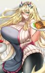  1girl absurdres alcohol apron blonde_hair breasts cup drinking_glass fate/grand_order fate_(series) food frilled_apron frills gauntlets gawain_(fairy_knight)_(fate) green_eyes heterochromia highres kaoru1307 large_breasts long_hair pantyhose red_eyes ribbed_sweater single_gauntlet sleeveless sleeveless_sweater sleeveless_turtleneck solo sweater tray turtleneck turtleneck_sweater wine wine_glass 