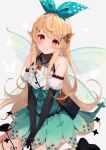  1girl absurdres bag bare_shoulders black_gloves blonde_hair blush butterfly_background dress elbow_gloves fairy fairy_wings flat_chest flower gloves green_dress grey_background hair_flower hair_ornament hair_ribbon handbag highres kujou_ichiso long_hair looking_at_viewer milestone_celebration nijisanji nijisanji_en pointy_ears pomu_rainpuff red_eyes ribbon shoulder_bag sitting smile solo virtual_youtuber wariza wings 