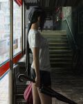  1girl bangs black_hair black_shorts commentary from_side guweiz highres long_hair looking_away original ponytail red_bag shirt shorts solo standing symbol_commentary train_station umbrella white_shirt 