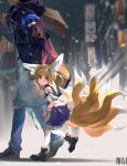  1girl 1other animal_ears arknights bare_shoulders black_footwear blonde_hair blue_dress blue_hairband blue_jacket blue_pants chinese_commentary commentary_request dm_(dai_miao) doctor_(arknights) dress fox_ears fox_tail from_side green_eyes hairband height_difference highres holding_hands jacket long_sleeves multiple_tails oripathy_lesion_(arknights) pants pantyhose petticoat shoes suzuran_(arknights) tail walking white_legwear 