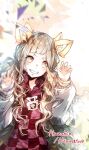  1girl animal_ears bangs blonde_hair blunt_bangs blush character_name english_text grin happy highres hood hood_down ill_games22 jacket little_red_riding_hood_(sinoalice) looking_at_viewer low_twintails open_mouth orange_eyes sinoalice smile solo teeth twintails wavy_hair 