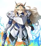  1girl absurdres armor black_pants blonde_hair blue_eyes blue_shirt chain closed_mouth cowboy_shot fate/grand_order fate_(series) fire frown gawain_(fairy_knight)_(fate) glaring greaves green_eyes hairband heterochromia highres holding holding_sword holding_weapon long_hair looking_at_viewer multicolored multicolored_eyes orange_eyes pants shirt simple_background solo standing sword weapon white_background yuniyuni 