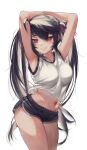  1girl absurdres ahoge armpits arms_behind_head arms_up bangs black_hair black_shorts blush breasts commentary_request cowboy_shot dolphin_shorts eyebrows_visible_through_hair eyes_visible_through_hair grin hair_ribbon highres large_breasts long_hair looking_at_viewer me!me!me! midriff navel original priite_hari_(torriet) purple_ribbon ribbon shirt short_shorts shorts simple_background sleeveless sleeveless_shirt smile solo torriet twintails very_long_hair violet_eyes white_background white_shirt 