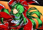  1girl bangs dress eyebrows_visible_through_hair frilled_ribbon frills from_side front_ponytail gradient gradient_background green_hair hair_ribbon kagiyama_hina long_hair looking_at_viewer open_mouth orange_background qqqrinkappp red_background red_dress red_ribbon ribbon smile solo touhou traditional_media upper_body 