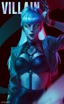  1girl absurdres breasts claws cropped_jacket dark demon_girl evelynn_(league_of_legends) giza_lee glowing glowing_eyes highres large_breasts league_of_legends long_hair looking_to_the_side makeup open_clothes silver_hair skirt yellow_eyes 