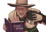  2boys :d absurdres black_eyes black_hair blonde_hair boingo book chanta_(ayatakaoisii) child closed_mouth hat highres hol_horse holding holding_book jojo_no_kimyou_na_bouken male_focus multiple_boys open_mouth ruffling_hair simple_background smile stardust_crusaders white_background 