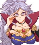  artist_name breasts choker closed_mouth commission commissioner_upload earrings fire_emblem fire_emblem:_genealogy_of_the_holy_war fire_emblem_heroes glasses highres ishtar_(fire_emblem) jewelry looking_at_viewer necklace ponytail purple_hair serious sierra117renner simple_background solo violet_eyes watermark 