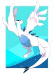  bokubo border closed_mouth commentary_request full_body gen_2_pokemon highres legendary_pokemon looking_back lugia no_humans outside_border pokemon pokemon_(creature) red_eyes solo spikes toes white_border 