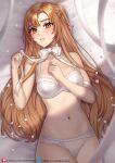  1girl artist_name asuna_(sao) asymmetrical_bangs bangs bare_arms bare_shoulders bed_sheet bow bowtie bra braid breasts brown_hair collarbone cowboy_shot eyelashes hand_on_own_chest helloimtea highres looking_at_viewer lying medium_breasts on_back on_bed one_side_up orange_eyes panties parted_lips smile solo sword_art_online twitter_username underwear underwear_only white_bow white_bra white_neckwear white_panties 