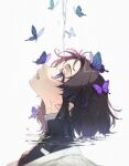  1girl animal bangs black_hair black_jacket bug butterfly from_side grey_background insect jacket kimetsu_no_yaiba kochou_shinobu looking_away looking_up parted_bangs partially_submerged pig_ggul profile ripples solo upper_body violet_eyes water 