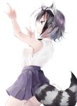  1girl alternate_costume animal_ears black_hair black_neckwear bow bowtie commentary_request common_raccoon_(kemono_friends) cowboy_shot extra_ears eyebrows_visible_through_hair grey_hair grey_skirt highres kemono_friends multicolored_hair nanana_(nanana_iz) pleated_skirt raccoon_ears raccoon_girl raccoon_tail shirt short_hair skirt sleeveless solo tail white_hair white_shirt yellow_eyes 