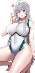  1girl absurdres anastasia_(fate) breasts competition_swimsuit fate/grand_order fate_(series) green_eyes hair_ornament hanasaka_houcha highleg highleg_swimsuit highres large_breasts long_hair looking_at_viewer one-piece_swimsuit one_eye_closed silver_hair simple_background solo squatting swimsuit white_background white_swimsuit 