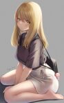  1girl amagi_shino arms_between_legs bag barefoot blonde_hair blush breasts eyebrows eyebrows_visible_through_hair feet gray_background original sitting skirt soles solo yellow_eyes 