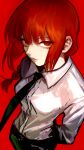  1girl black_neckwear black_pants braid breasts chainsaw_man collared_shirt highres lips looking_at_viewer makima_(chainsaw_man) necktie pants purin_(iddunpg) red_background red_eyes red_theme redhead ringed_eyes shirt solo white_shirt wing_collar 