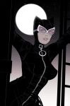  bodysuit breasts catwoman cowl dc_comics exmile female full_moon goggles large_breasts looking_to_the_side night night_sky parted_lips solo thick_lips upper_body window 