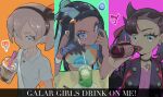 3girls armlet asymmetrical_bangs bangs bea_(pokemon) between_breasts black_hair black_jacket blue_eyes blue_eyeshadow blue_hair bottle bow_hairband breasts brown_choker brown_hairband cherry choker closed_mouth collarbone collared_shirt commentary cup dark-skinned_female dark_skin disposable_cup dress drinking drinking_straw dynamax_band earrings eyelashes eyeshadow food fruit glass gloves green_eyes grey_eyes gym_leader hair_between_eyes hair_bun hair_ribbon hairband hand_up hands_up highres holding holding_bottle holding_drinking_straw hoop_earrings jacket jewelry light_brown_hair liquid long_hair looking_at_viewer makeup marnie_(pokemon) multicolored_hair multiple_girls necklace nessa_(pokemon) official_alternate_costume open_clothes open_jacket partially_fingerless_gloves pokemon pokemon_(game) pokemon_swsh purple_dress red_ribbon ribbon saucer school_uniform shiny shiny_clothes shiny_hair shirt short_hair short_sleeves single_glove smile spoon strap_between_breasts sukoyaka_lion table twintails two-tone_hair upper_body white_shirt 