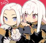  2girls blush cape closed_mouth d.y.x. edelgard_von_hresvelg fire_emblem fire_emblem:_three_houses garreg_mach_monastery_uniform gloves hair_ornament hair_ribbon long_hair long_sleeves lysithea_von_ordelia multiple_girls pink_eyes ribbon simple_background uniform upper_body violet_eyes white_background white_hair 