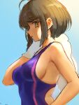  1girl ahoge bangs bare_arms bare_shoulders blue_swimsuit breasts brown_eyes brown_hair commentary competition_swimsuit dangan_ronpa_(series) dangan_ronpa_another_episode:_ultra_despair_girls dangan_ronpa_s:_ultimate_summer_camp eyebrows_visible_through_hair gloves gradient gradient_background hand_up holding large_breasts naegi_komaru one-piece_swimsuit parted_lips pink_swimsuit qosic school_uniform serafuku short_hair solo swimsuit teeth towel upper_body 