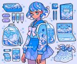  1girl backpack bag bag_charm blue_background blue_eyes blue_hair blue_sailor_collar blue_theme cellphone charm_(object) cloud_print computer constellation constellation_print cowboy_shot earbuds_charging_case earphones earphones emily_kim eraser highres laptop lip_balm liquid liquid_hair long_sleeves marker monochrome moon_phases notebook original pastel_colors pen pencil_case phone pleated_skirt sailor_collar shirt shoes short_hair simple_background skirt sky_print smartphone sneakers sparkle sticky_note twitter_username water wave_print waves 