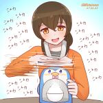  1girl bird bowl brown_hair commentary_request dated ice_shaver jacket kantai_collection long_hair long_sleeves mitchell_(dynxcb25) open_mouth orange_eyes orange_jacket penguin shaved_ice smile solo souya_(kancolle) themed_object twitter_username 