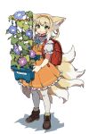  1girl alternate_costume animal_ears arknights backpack bag blush braid brown_footwear commentary dress fox_ears fox_girl fox_tail frilled_dress frills full_body green_eyes hairband highres holding_plant kitsune kyuubi looking_at_viewer multiple_tails orange_dress orange_hairband plant potted_plant randoseru red_bag shadow short_hair_with_long_locks simple_background solo standing suzuran_(arknights) tail thigh-highs vegetable_osamuta white_background white_legwear 
