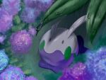  blurry closed_mouth commentary_request fkinoee from_above gen_6_pokemon goomy grey_eyes highres leaf looking_up no_humans outdoors pokemon pokemon_(creature) rain solo water water_drop 