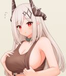  1girl arknights black_tank_top breasts clothes_pull collar demon_horns eyebrows_visible_through_hair flying_sweatdrops grey_background hair_ornament highres horns infection_monitor_(arknights) large_breasts long_hair looking_at_viewer mudrock_(arknights) open_mouth pointy_ears red_eyes risshu shirt_pull simple_background solo sweatdrop tank_top upper_body white_hair 