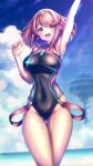  1girl :d arm_up bra collarbone eyebrows eyebrows_visible_through_hair headpiece hksicabb pyra_(xenoblade) jewelry open_mouth pink_hair sky swimsuit teeth thighs tongue xenoblade xenoblade_chronicles_2 