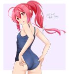  1girl adjusting_clothes adjusting_swimsuit ame-san blue_swimsuit border commentary_request cowboy_shot from_behind grey_background hair_ribbon highres i-168_(kancolle) kantai_collection long_hair looking_at_viewer looking_back one-hour_drawing_challenge ponytail red_eyes redhead ribbon school_swimsuit solo swimsuit two-tone_background white_border 