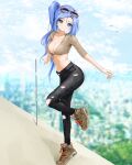  1girl artist_name banned_artist black_pants blue_eyes blue_hair blue_sky breasts chaesu clouds commentary crop_top day eyewear_on_head front-tie_top full_body grey_footwear grey_shirt head_tilt highres long_hair looking_at_viewer medium_breasts midriff minah_(chaesu) navel original pants shirt shoes short_sleeves side_ponytail sky sneakers solo standing standing_on_one_leg stomach sunglasses tied_shirt twitter_username 