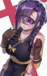  1girl absurdres bare_shoulders blush breasts brown_gloves cyclops gloves head_scarf highres large_breasts meme_redon mntimccz monster_girl monster_musume_no_oisha-san one-eyed open_mouth purple_hair sideless_outfit solo tears violet_eyes 