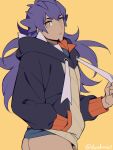  1boy bangs black_hoodie blush bright_pupils closed_mouth commentary_request cosplay dark-skinned_male dark_skin facial_hair from_side hand_in_pocket holding hood hoodie leon_(pokemon) long_hair looking_at_viewer male_focus mj_(11220318) pokemon pokemon_(game) pokemon_swsh purple_hair raihan_(pokemon) raihan_(pokemon)_(cosplay) simple_background solo twitter_username white_pupils yellow_background yellow_eyes 