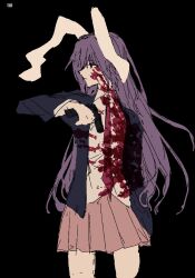  1girl animal_ears arm_up black_background blood blood_on_clothes blood_on_face closed_mouth collared_shirt commentary_request droopy_ears dubiansuhai expressionless grey_skirt gun hair_between_eyes highres holding holding_gun holding_weapon jacket long_hair long_sleeves necktie open_clothes open_jacket pleated_skirt purple_hair purple_jacket rabbit_ears rabbit_girl red_eyes red_necktie reisen_udongein_inaba shirt simple_background skirt solo touhou very_long_hair weapon white_shirt 