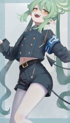  1girl :d armband belt black_belt black_jacket black_shorts blue_archive blue_armband blush border buttons commentary demon_girl demon_tail double-breasted earrings eyelashes fangs feet_out_of_frame green_hair green_halo grey_border hair_between_eyes halo hands_up highres jacket jewelry long_hair long_sleeves looking_at_viewer making-of_available midriff missing_headwear navel nozomi_(blue_archive) open_mouth outside_border pantyhose pointy_ears shorts sidelocks simple_background slit_pupils smile solo standing tail tail_raised teeth toraifu twintails upper_teeth_only very_long_hair white_background white_pantyhose yellow_eyes 