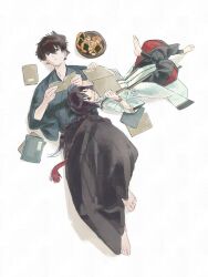  1boy 1other 7_aa33 ahoge androgynous barefoot black_hair black_hakama blue_eyes blue_kimono book braid fate/samurai_remnant fate_(series) food hair_intakes hakama highres holding holding_book japanese_clothes kimono lying lying_on_person miyamoto_iori_(fate) on_back orange_eyes other_with_male reading senbei simple_background single_braid topknot very_long_braid white_background yamato_takeru_(fate) 