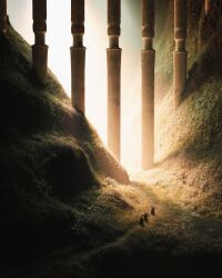  3others ambiguous_gender blender_(medium) colonnade column commentary english_commentary grass highres landscape multiple_others original outdoors outrunyouth pillar scenery standing valley very_wide_shot 
