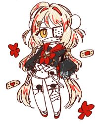  1girl ahoge bandaid blonde_hair chibi chibi_only commentary_request eye_mask full_body hair_intakes hair_ornament half_eye_mask highres long_hair long_sleeves looking_at_viewer mask morokosi2 multicolored_hair pale_skin phoenix_reffaella phoenix_reffaella_(the_illness_called_life) sketch twintails very_long_hair white_background yellow_eyes zenless_zone_zero 