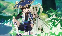  1boy 1girl absurdres anemo_symbol_(genshin_impact) animal_on_head aqua_gem aranara_(genshin_impact) ararycan_(genshin_impact) armlet armor bad_id bad_twitter_id belt between_legs bird bird_on_head bird_on_leg bishounen black_belt black_bow black_bridal_gauntlets black_hair black_sandals black_shorts blue_cape blue_hat blue_jingasa blue_kimono blue_sky blue_sleeves blunt_ends blurry blurry_background bow bridal_gauntlets cape clenched_hand closed_eyes closed_mouth creature detached_sleeves dong_yo0 dress eyeliner facing_another film_grain finch flower furisode game_screenshot_background game_screenshot_inset gem genshin_impact gold gold_armlet gold_ring green_cape green_hair green_sleeves hair_ornament hand_between_own_legs hand_on_own_face hat heart heart_hair_ornament highres japanese_armor japanese_clothes jewelry jingasa juban kimono kote kurokote layered_sleeves leg_warmers long_hair makeup middle_ring multicolored_hair nahida_(genshin_impact) on_head open_clothes open_kimono outdoors playing_with_another's_hair pointy_ears purple_rope purple_sash red_eyeliner rock rope sandals sash scaramouche_(genshin_impact) screenshot_background screenshot_inset short_dress short_sleeves shorts side_cape side_ponytail sidelocks sitting sky squatting stirrup_legwear streaked_hair tassel toeless_legwear tree unconscious wanderer_(genshin_impact) white_dress white_flower white_hair white_kimono white_leg_warmers white_sleeves wispy_bangs yellow_bird zouri 