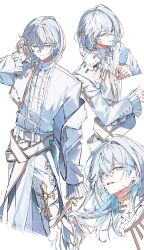  1boy absurdres alternate_hair_length_(longer) animal_on_shoulder belt blue_eyes braid cropped_jacket crossed_bangs double-parted_bangs ejylowo ermine gold_trim hair_between_eyes hair_intakes hair_over_shoulder hand_up highres holding holding_own_hair holding_paper holding_pen iro_cloud jacket jacket_partially_removed long_hair long_sleeves looking_at_viewer male_focus multiple_views official_alternate_costume official_alternate_hairstyle open_clothes open_jacket pants paper paper_stack pen quill sash shirt simple_background single_braid skoshism smile utaite virtual_youtuber waist_cape waist_sash weasel white_background white_belt white_hair white_jacket white_pants white_shirt 
