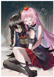  2girls absurdres bare_shoulders black_dress black_eyes black_gloves black_hair blush boots bow braid breasts closed_eyes comforting crying crying_with_eyes_open darture_(girls'_frontline_2) dress food-themed_hair_ornament full_body girls'_frontline_2:_exilium girls_frontline gloves hair_between_eyes hair_bow hair_bun hair_ornament half-closed_eyes headpat helena_(girls'_frontline_2) heterochromia high_heel_boots high_heels highres hug hug_from_behind indoors ironight_z legs_folded long_hair medium_breasts mixed-language_commentary monocle multiple_braids multiple_girls musical_note open_mouth red_bow singing single_bare_leg single_thighhigh sitting sleeveless sleeveless_dress small_breasts smile tears thigh-highs tomato_hair_ornament very_long_hair white_dress yellow_eyes 